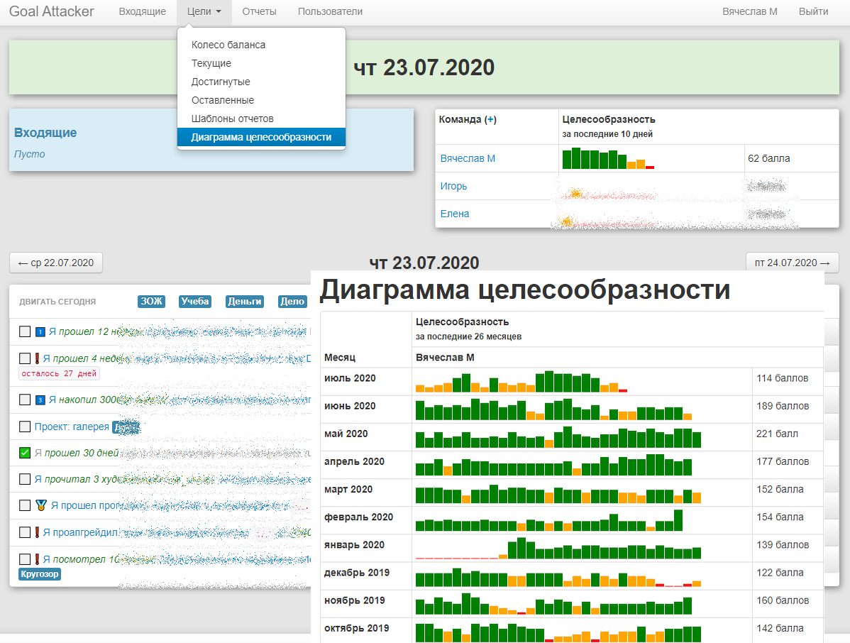 Скриншот интерфейса дневника цели